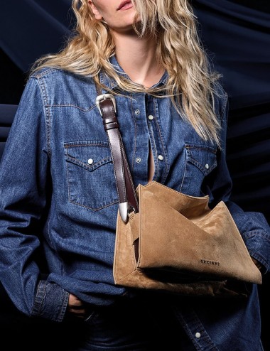 Borsa Trinity Peach Small a spalla in suede e cuoio beige