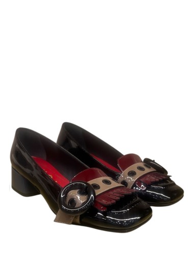 Mocassino in vernice nero frangia bordeaux