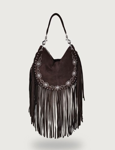 Borsa a spalla RODEO Plus in Suede con Frange marrone