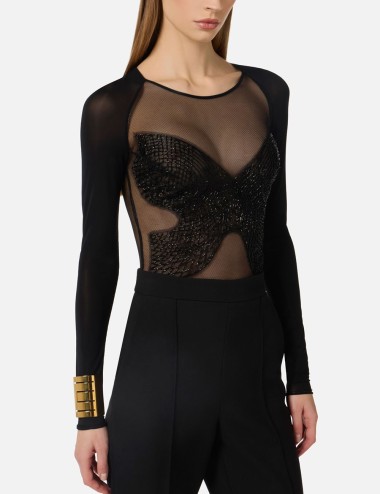 Bodysuit in jersey and tulle with crystals black