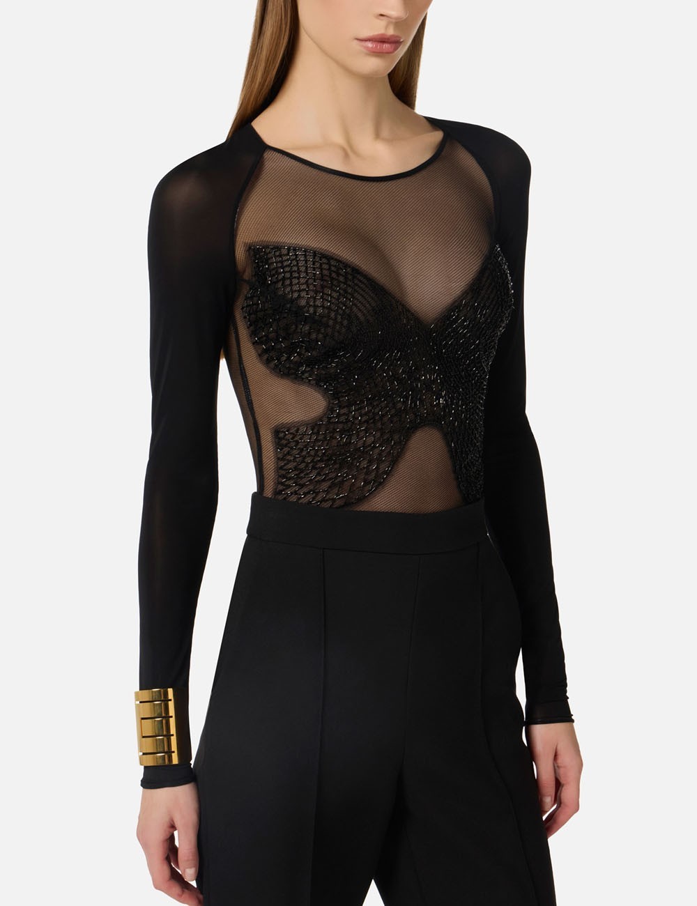 Bodysuit in jersey and tulle with crystals black