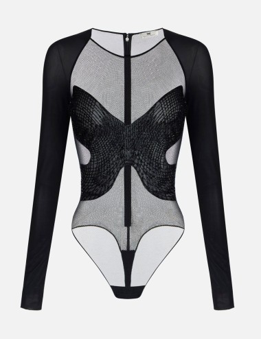 Bodysuit in jersey and tulle with crystals black
