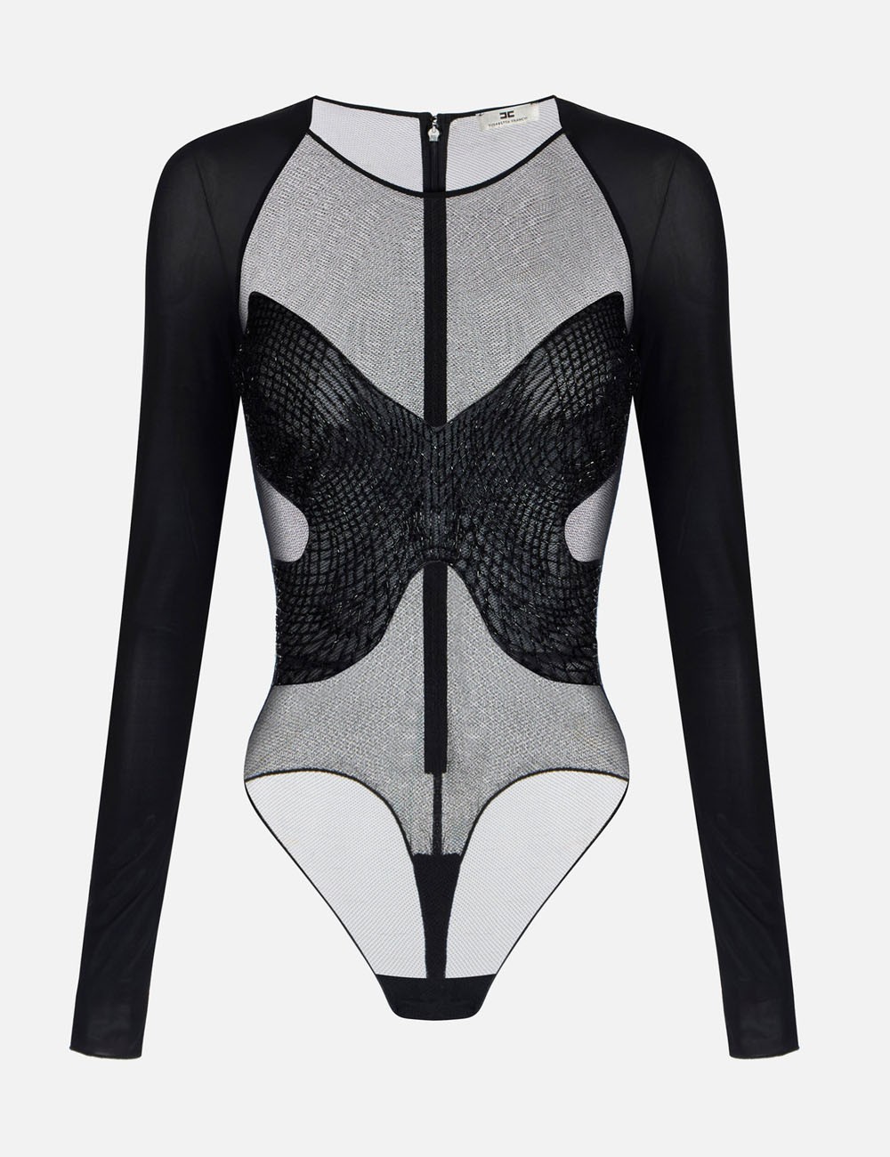 Bodysuit in jersey and tulle with crystals black