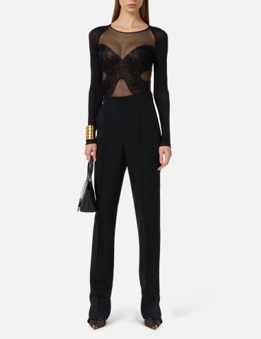 Bodysuit in jersey and tulle with crystals black