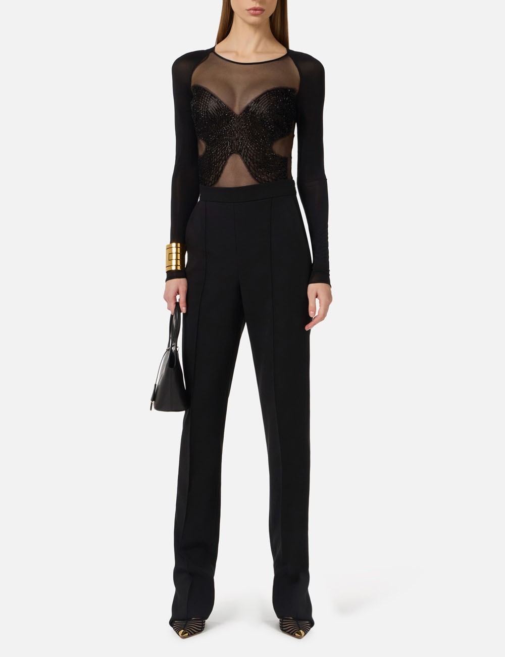 Body in jersey e tulle con cristalli nero