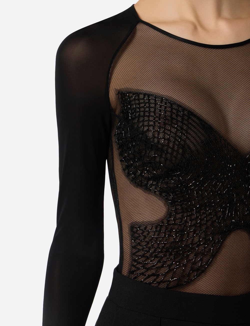Body in jersey e tulle con cristalli nero