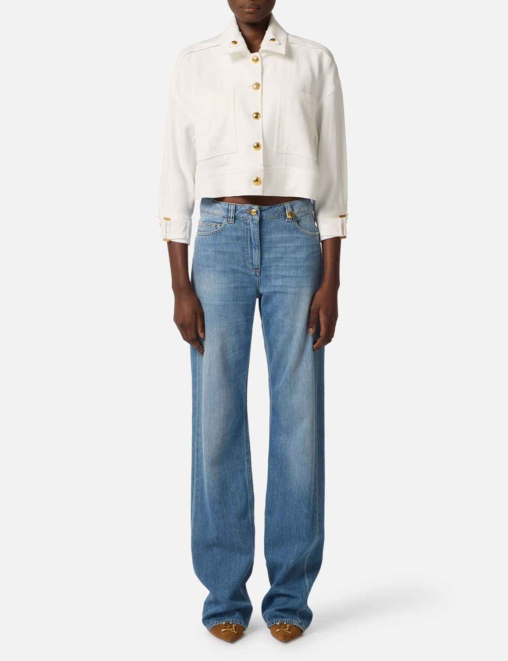 Caban in gabardina con bottoni gioiello avorio