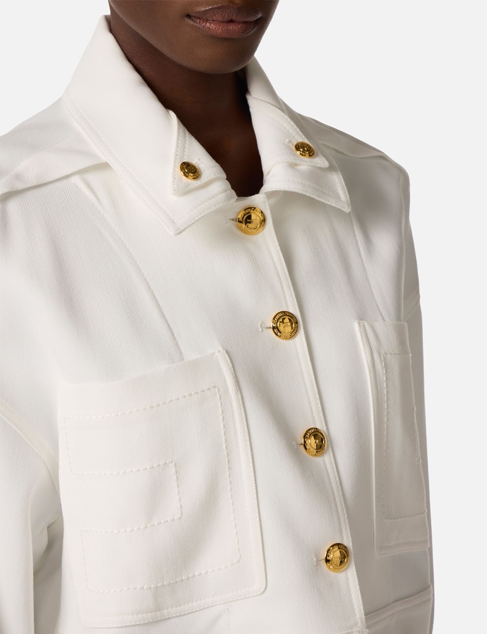 Caban in gabardina con bottoni gioiello avorio