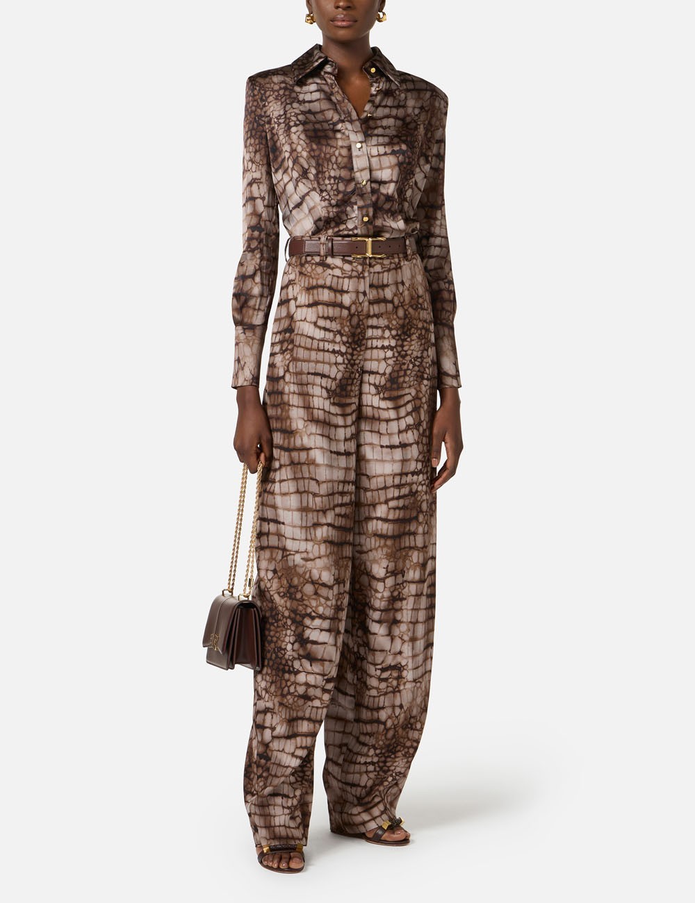 Trousers in lightweight jersey fabric with alligator print cocoa