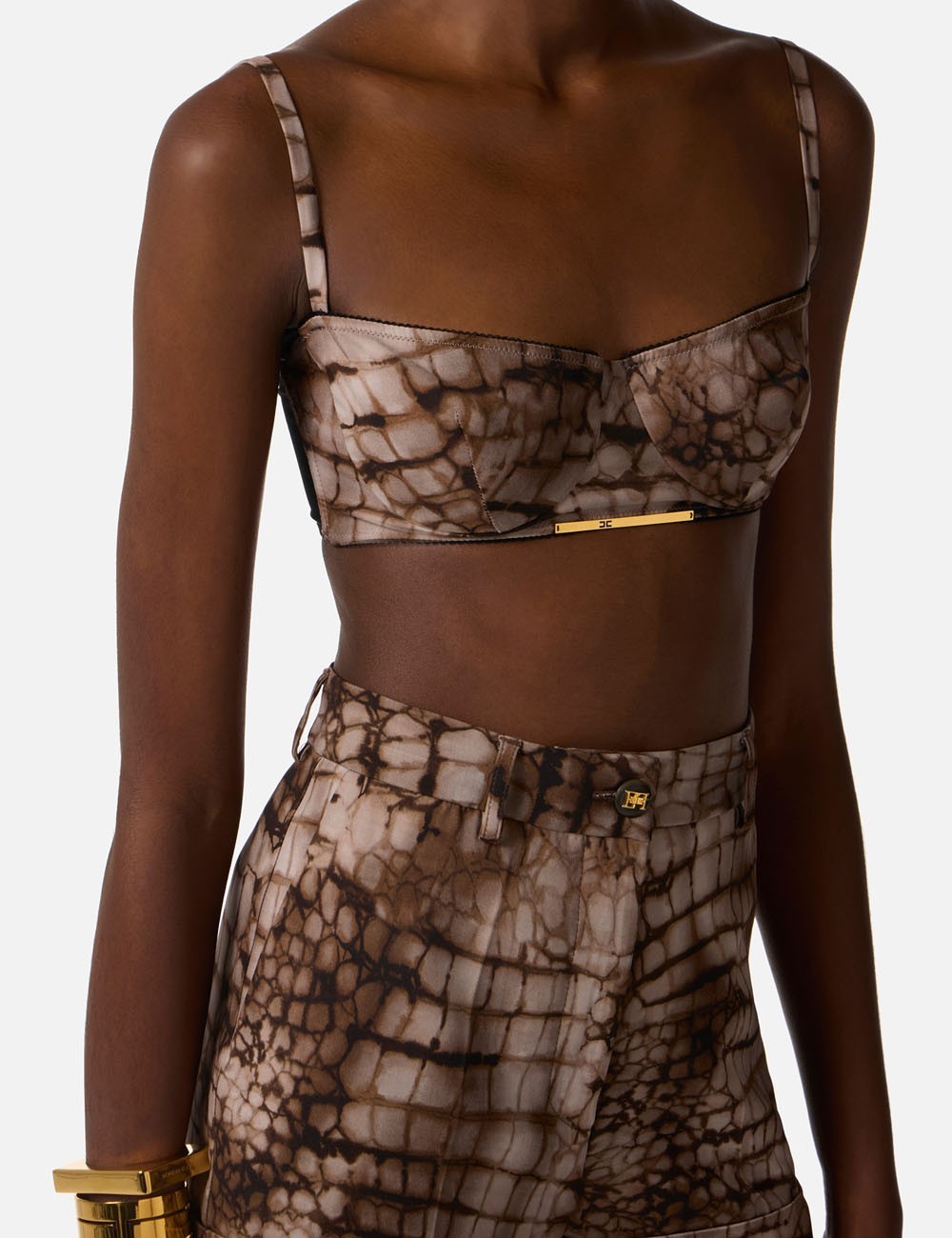 Reggiseno in cady e tulle con stampa alligatore cacao
