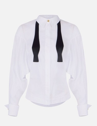 Cotton voile shirt with bow tie white black
