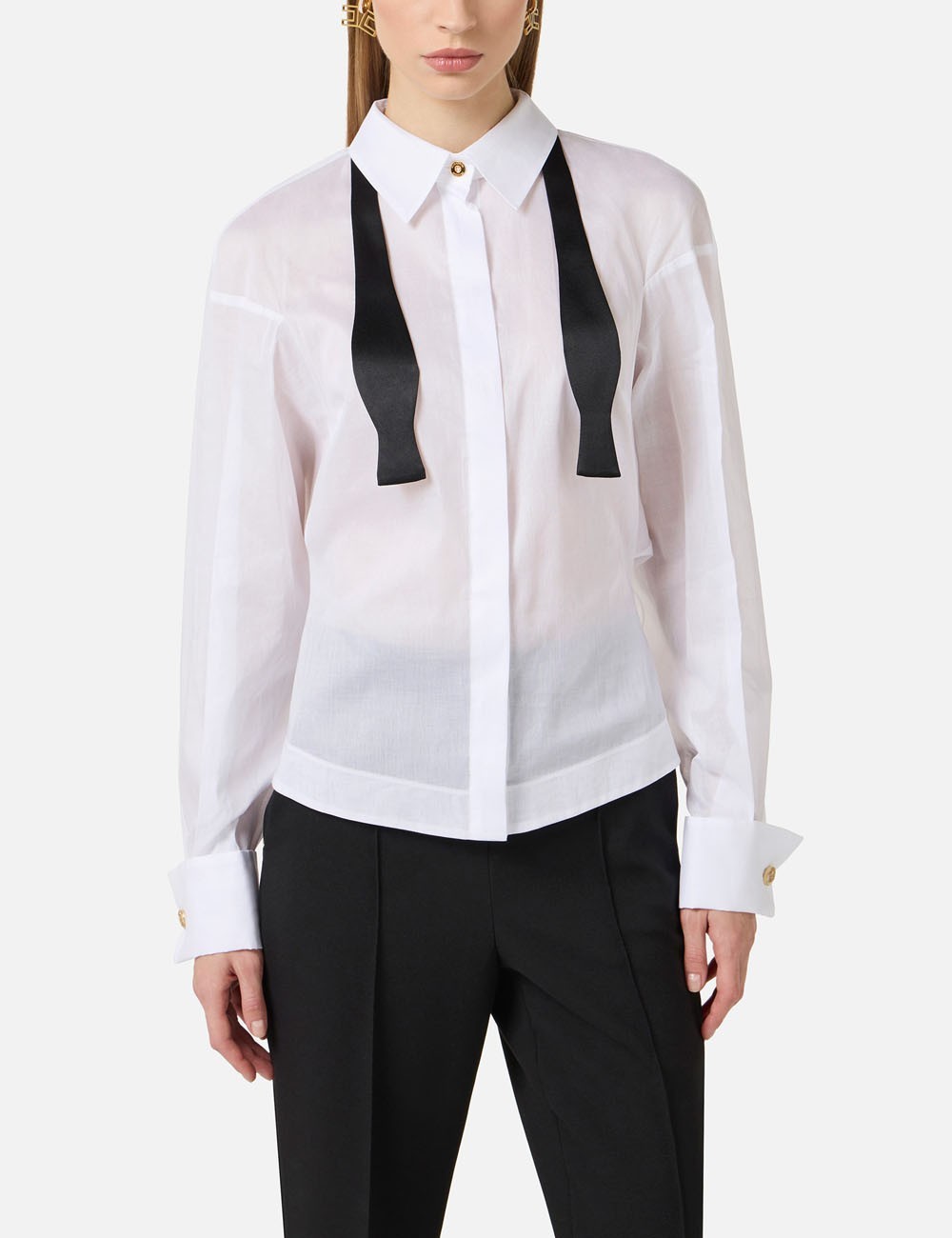 Cotton voile shirt with bow tie white black