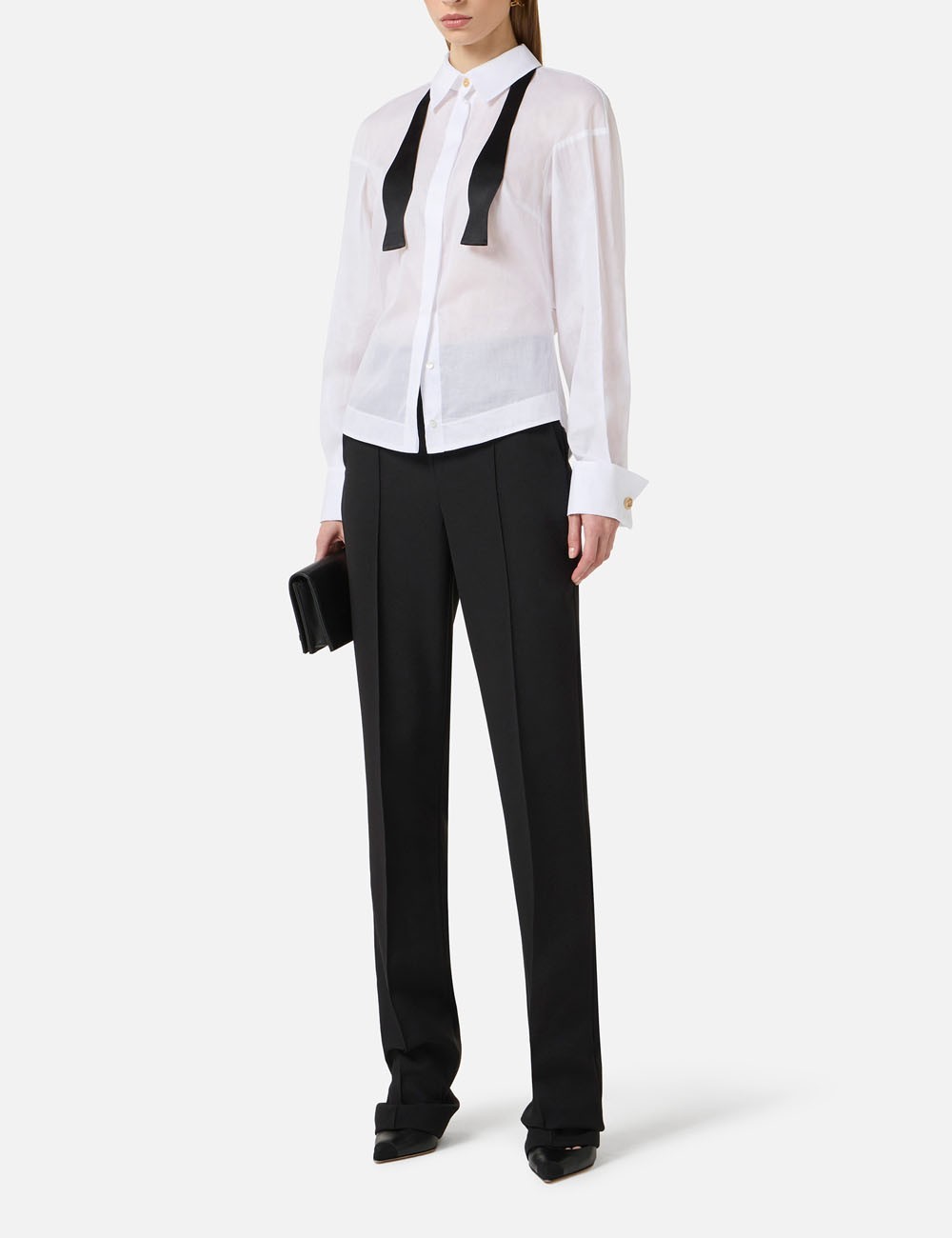 Cotton voile shirt with bow tie white black