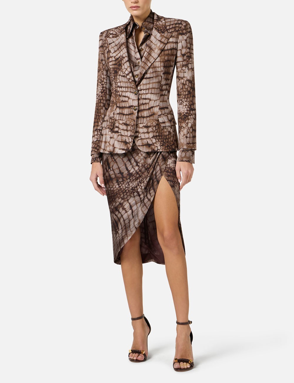 Jacket in crêpe fabric with alligator print cocoa