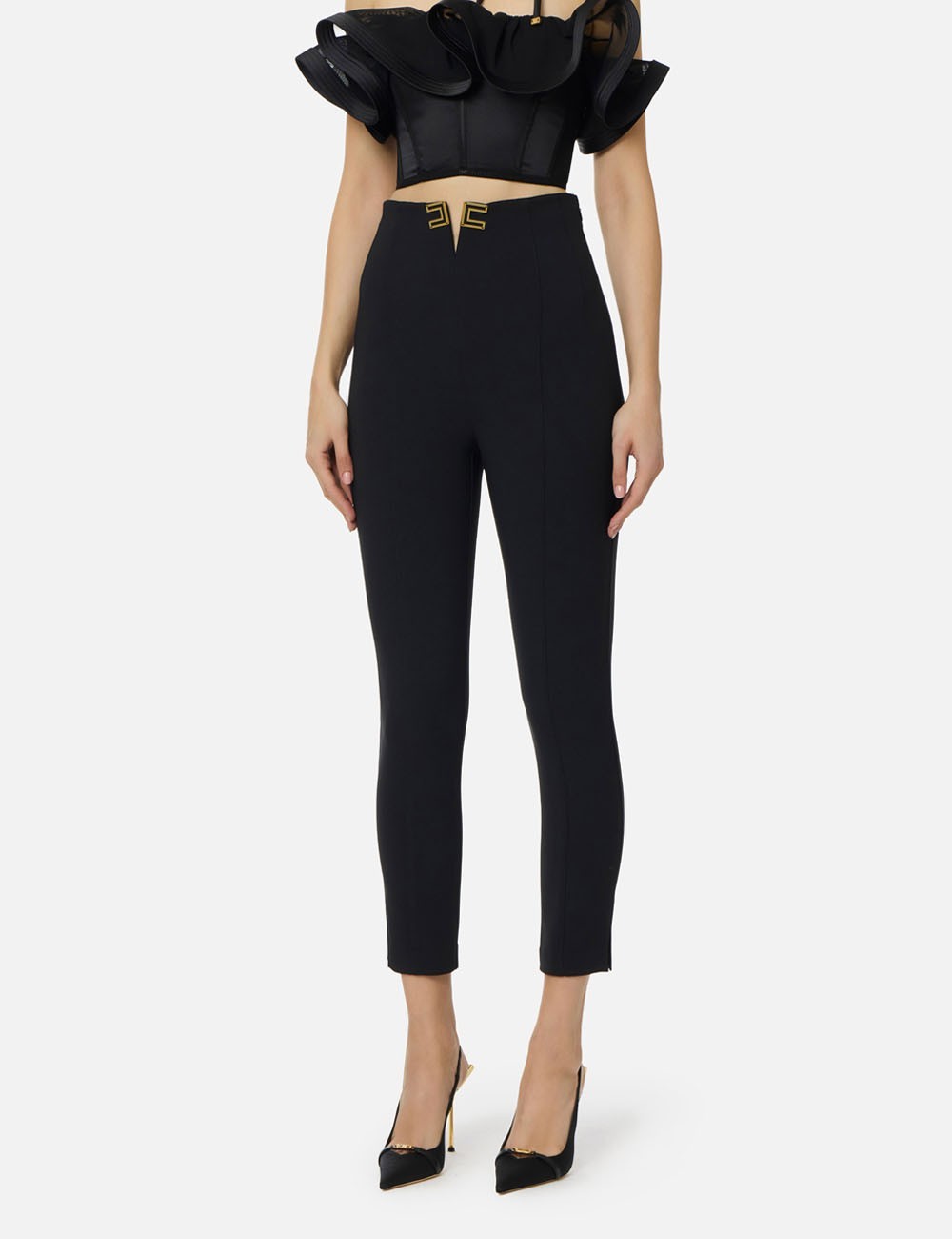 Trousers in double layer stretch crêpe fabric with logo details black