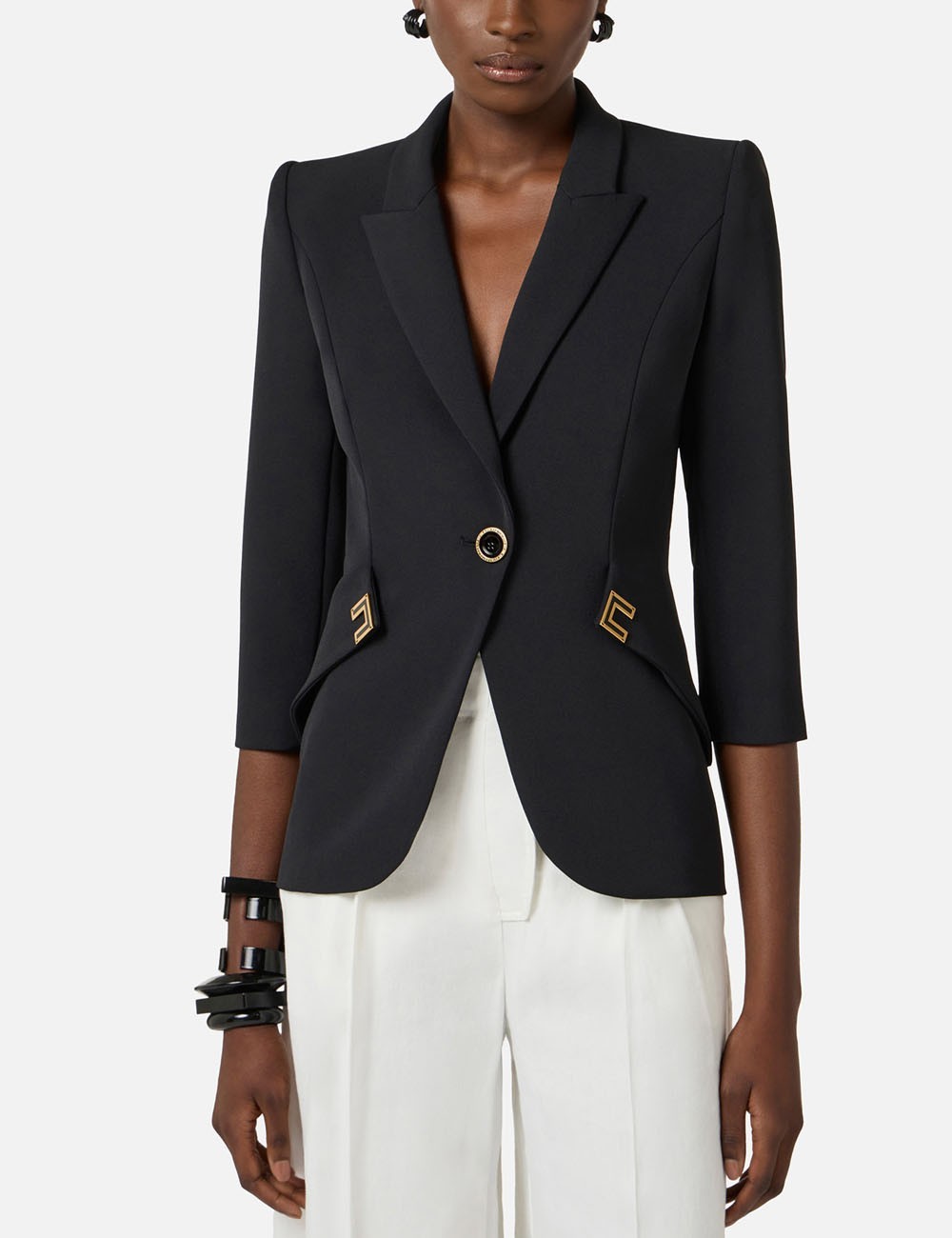 Giacca in doppio crêpe stretch con dettagli logo nero