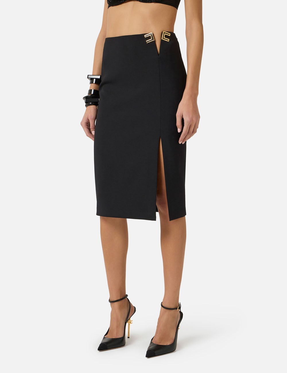 Skirt in double layer stretch crêpe fabric with logo details black