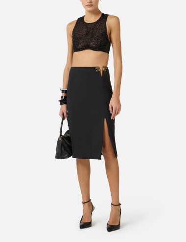 Skirt in double layer stretch crêpe fabric with logo details black