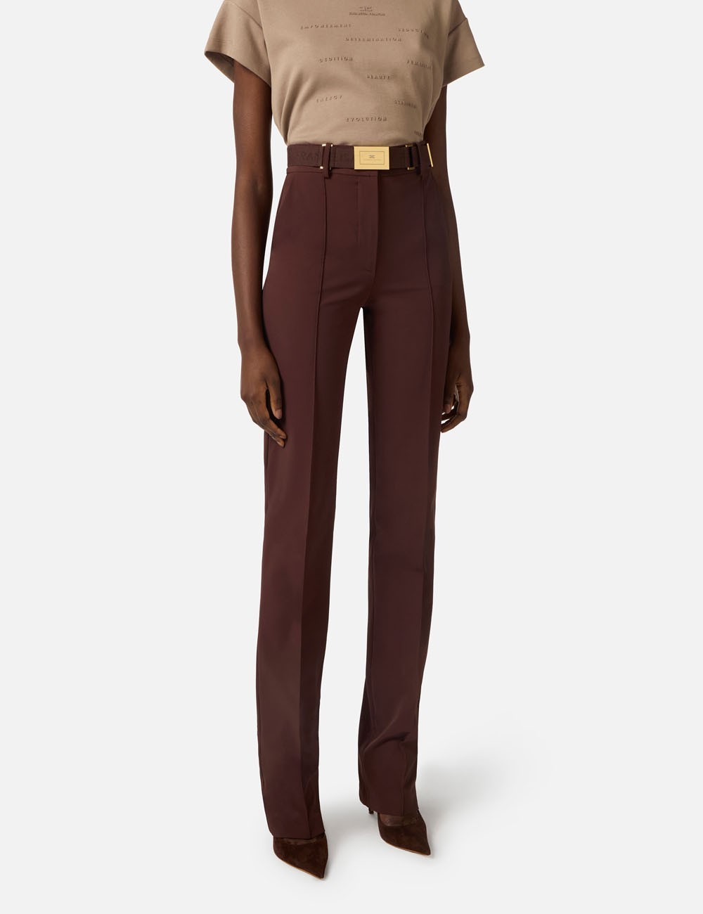 Trousers in technical bi-elastic fabric with belt cocoa