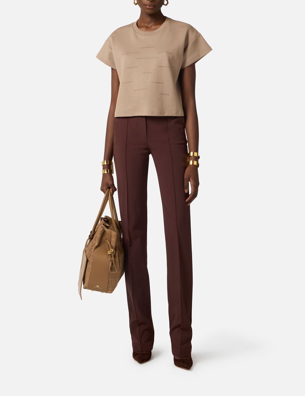 Trousers in technical bi-elastic fabric with belt cocoa