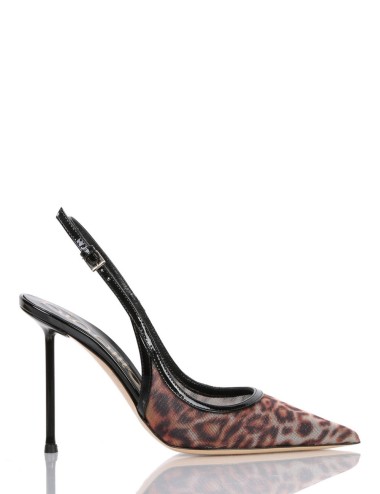 HELEN High heel point toe sling back pump in patent leather with spotted mesh