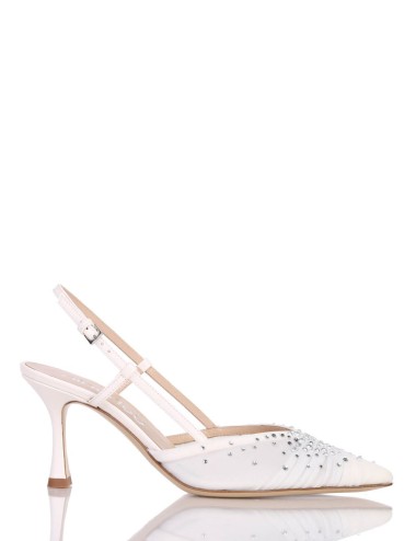 AMY 70 High heel slingback point toe pump in nappa leather with rhinestones ivory