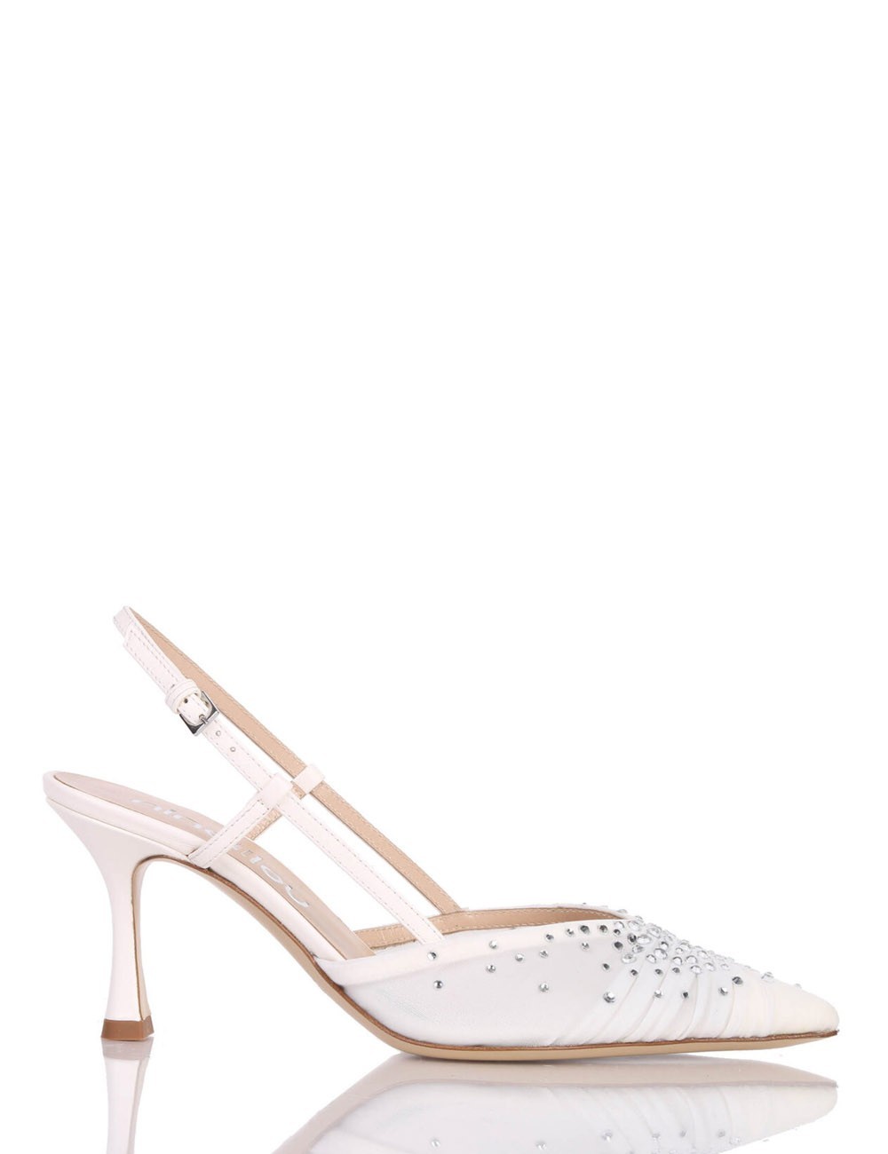AMY 70 High heel slingback point toe pump in nappa leather with rhinestones ivory