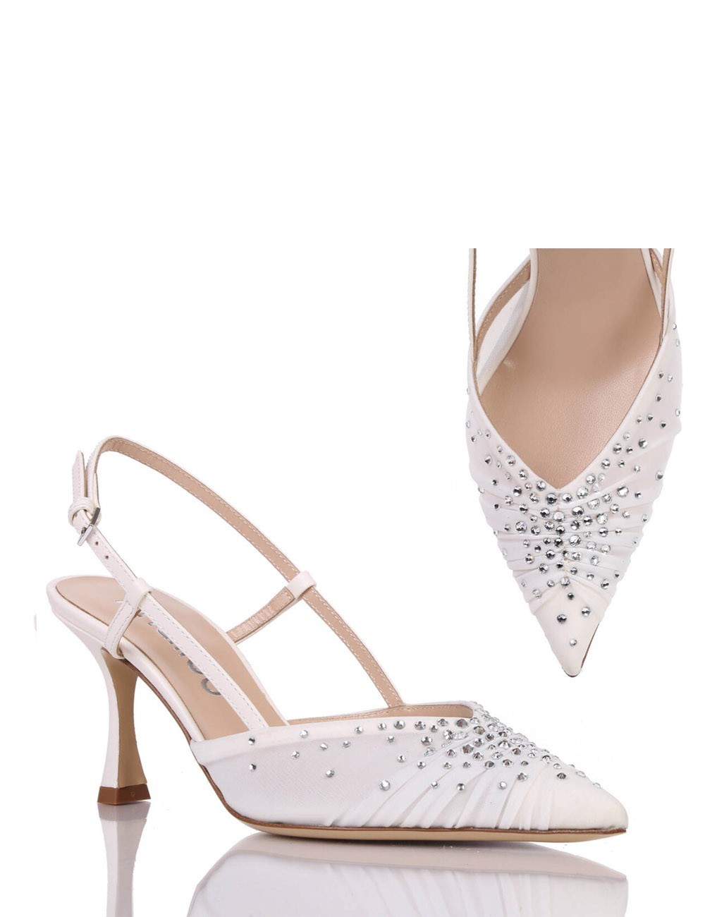 AMY 70 High heel slingback point toe pump in nappa leather with rhinestones ivory