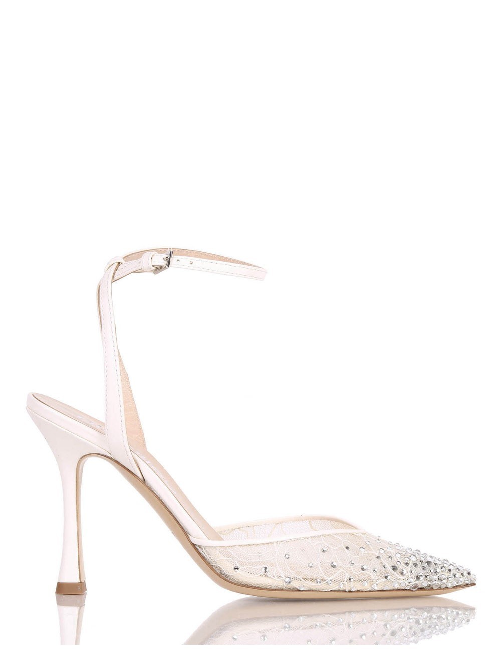 AMY 90 High heel ankle strap point toe pump crafted in lace and nappa leather with rhinestones ivory