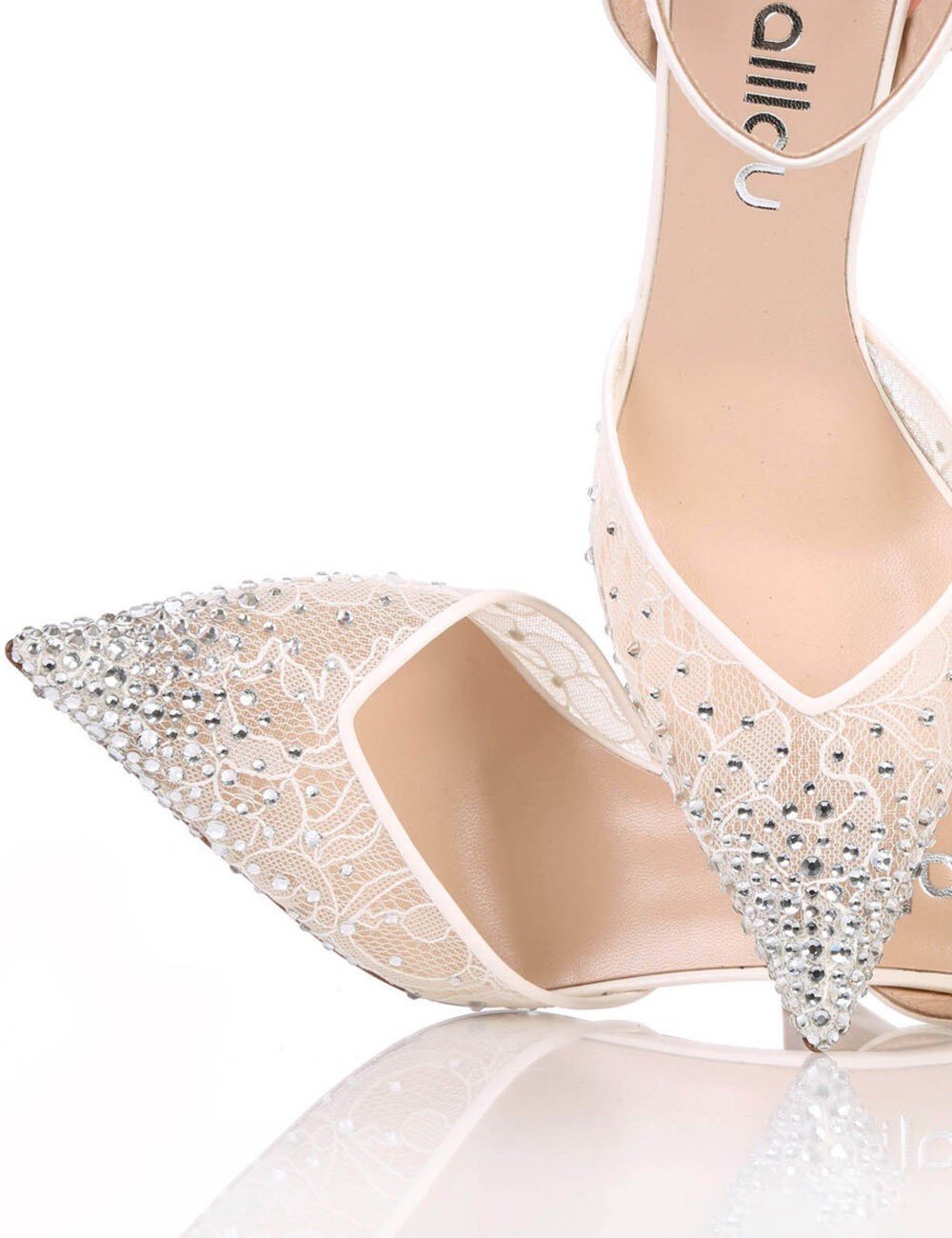 AMY 90 High heel ankle strap point toe pump crafted in lace and nappa leather with rhinestones ivory