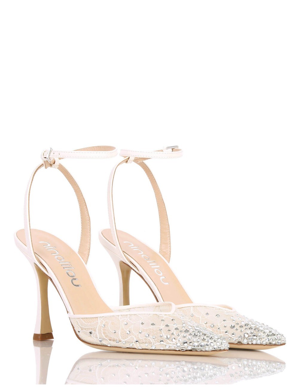 AMY 90 High heel ankle strap point toe pump crafted in lace and nappa leather with rhinestones ivory