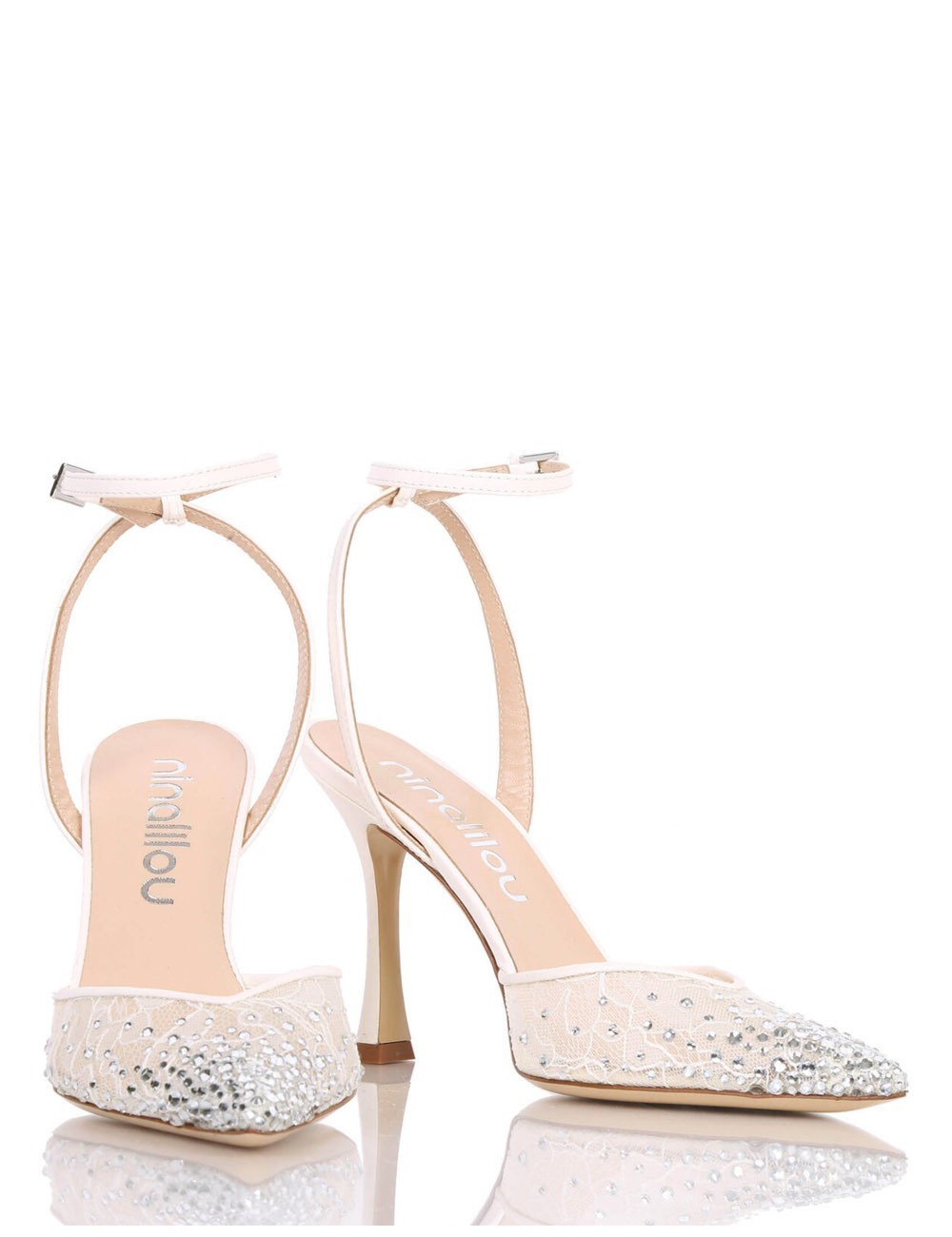 AMY 90 High heel ankle strap point toe pump crafted in lace and nappa leather with rhinestones ivory