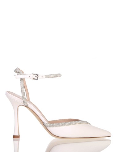 AMY 90 High heel point toe ankle strap in nappa leather with strass ivory