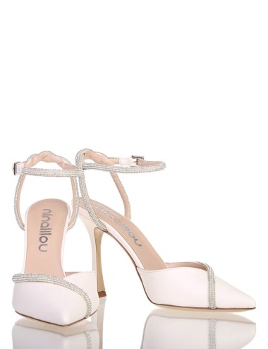 AMY 90 High heel point toe ankle strap in nappa leather with strass ivory