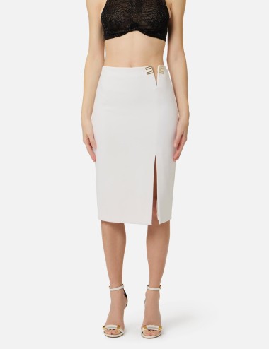 Skirt in double layer stretch crêpe fabric with logo details ivory