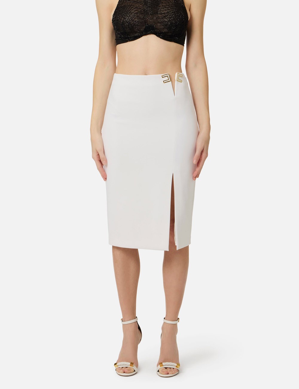 Skirt in double layer stretch crêpe fabric with logo details ivory