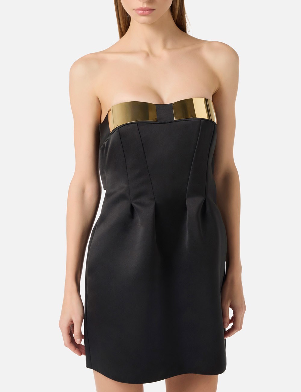 Mini dress in duchess satin with jewel cups black