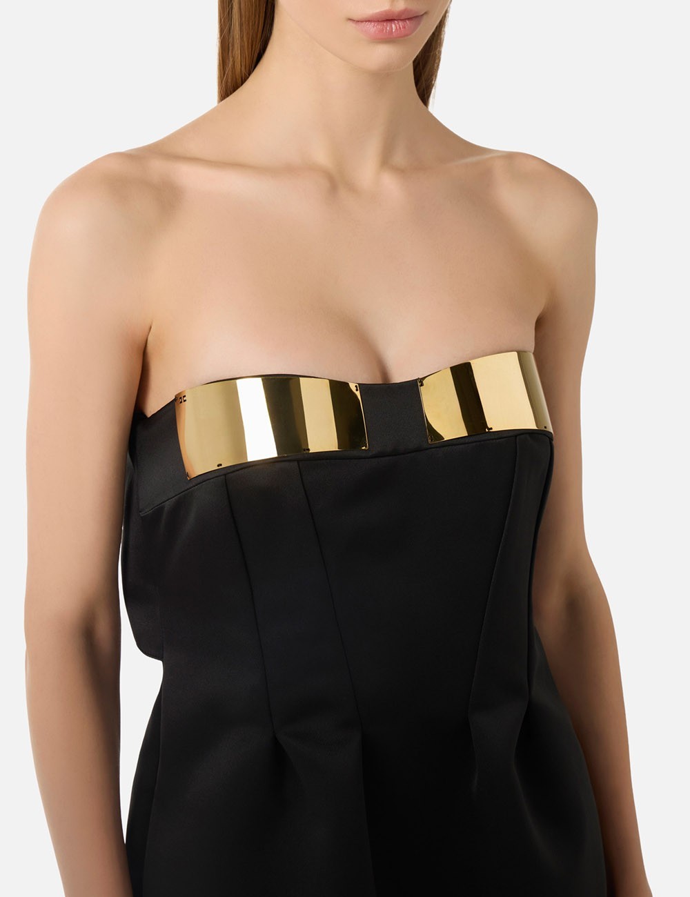 Mini dress in duchess satin with jewel cups black