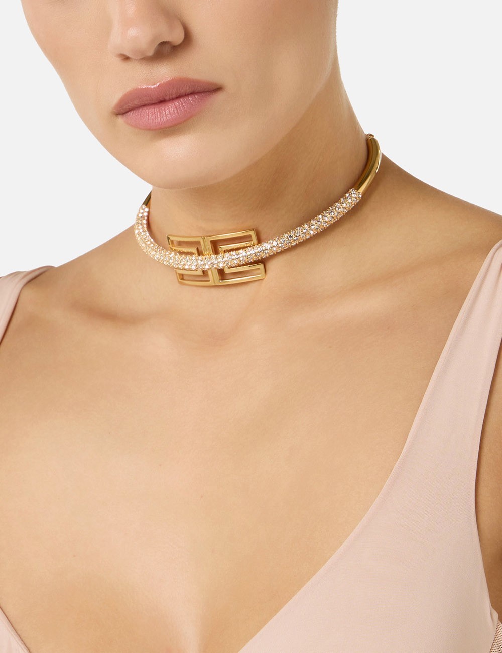 Necklace with logo and rhinestones gold yellow