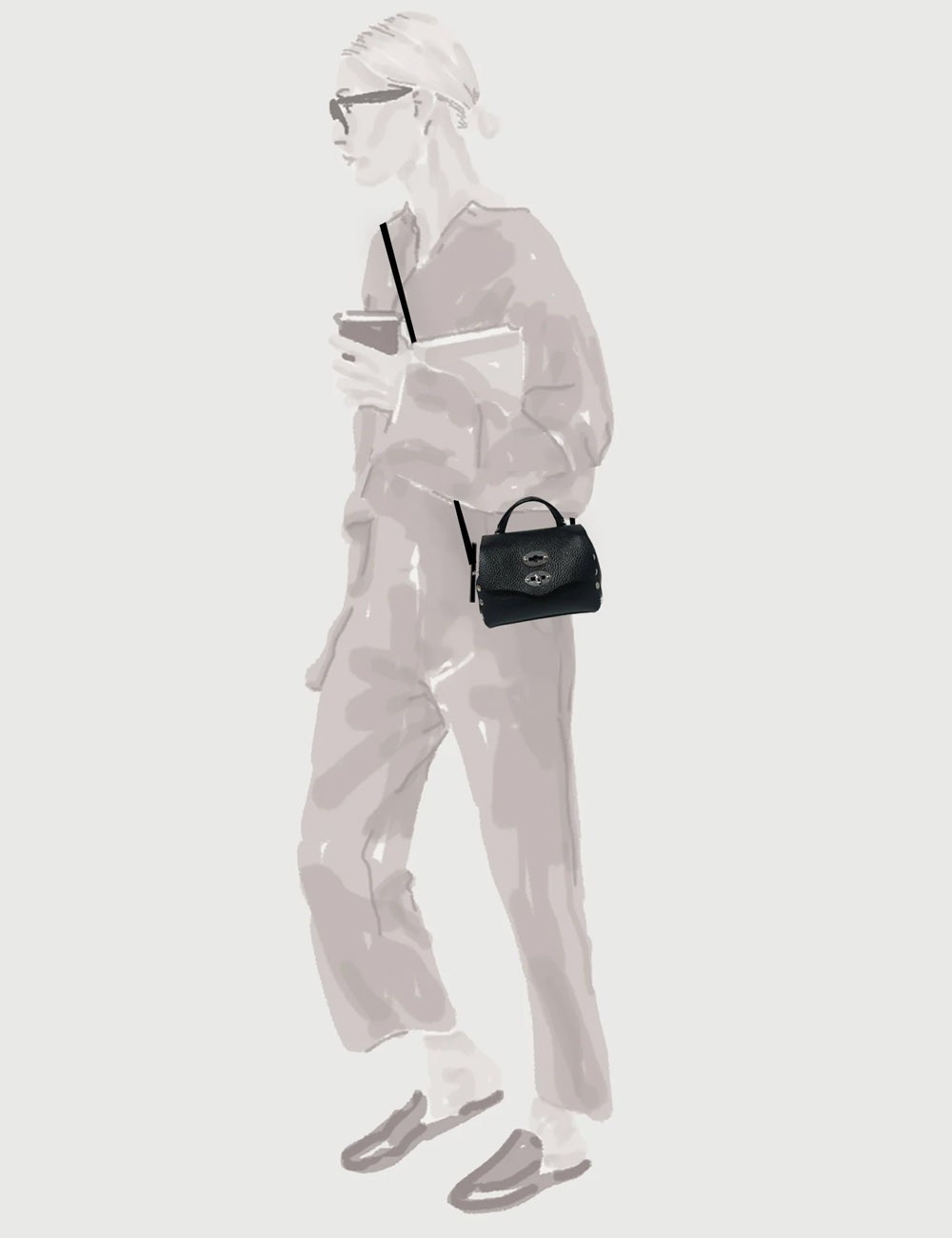 BORSA POSTINA® BABY IN PELLE MARTELLATA GREY NOSTALGIA CANAGLIA