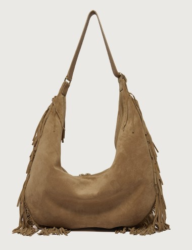 Isola Peach Fringe Large suede leather shoulder bag beige