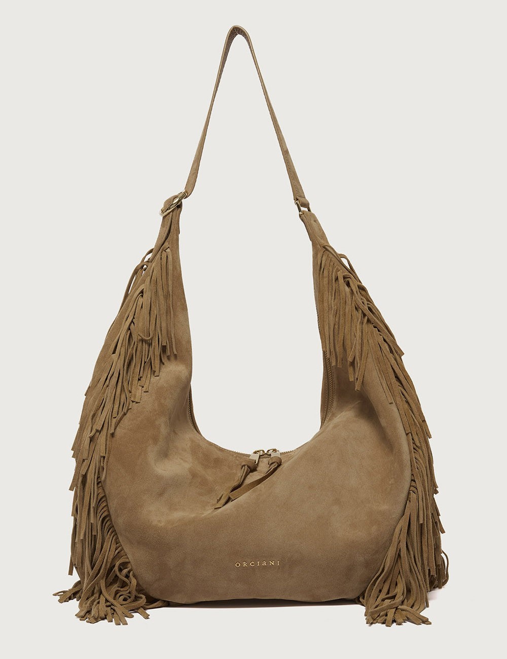 Isola Peach Fringe Large suede leather shoulder bag beige