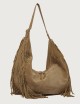 Isola Peach Fringe Large suede leather shoulder bag beige