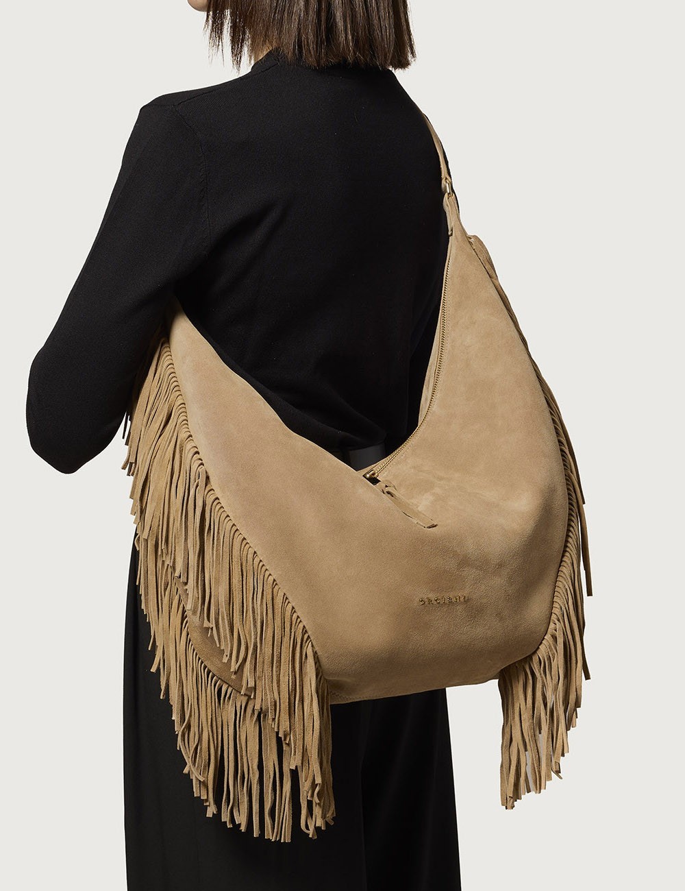 Isola Peach Fringe Large suede leather shoulder bag beige