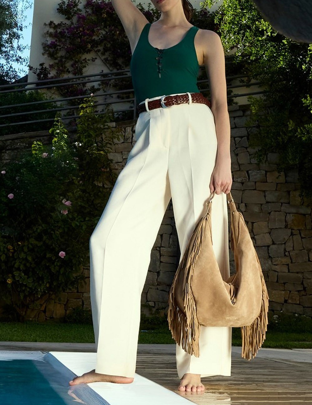 Borsa Isola Peach Fringe Large a spalla in suede biscotto