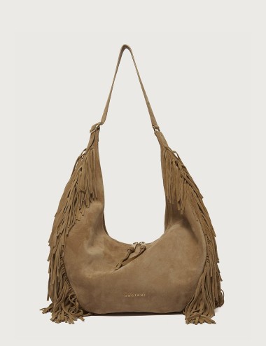 Borsa Isola Peach Fringe Small a spalla in suede biscotto