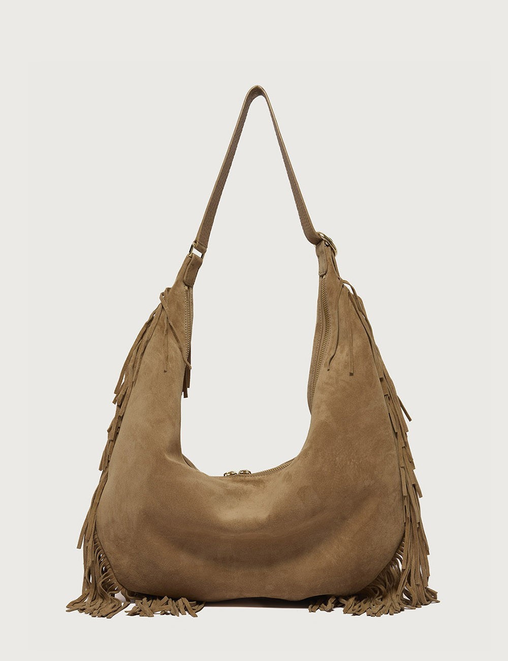 Borsa Isola Peach Fringe Small a spalla in suede biscotto