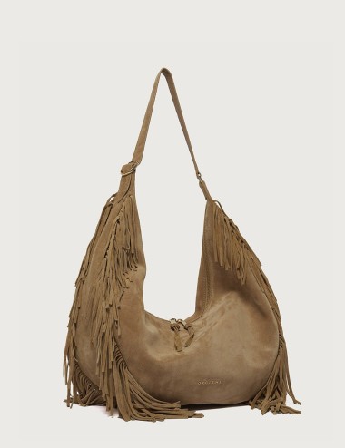 Isola Peach Fringe Small suede leather shoulder bag beige