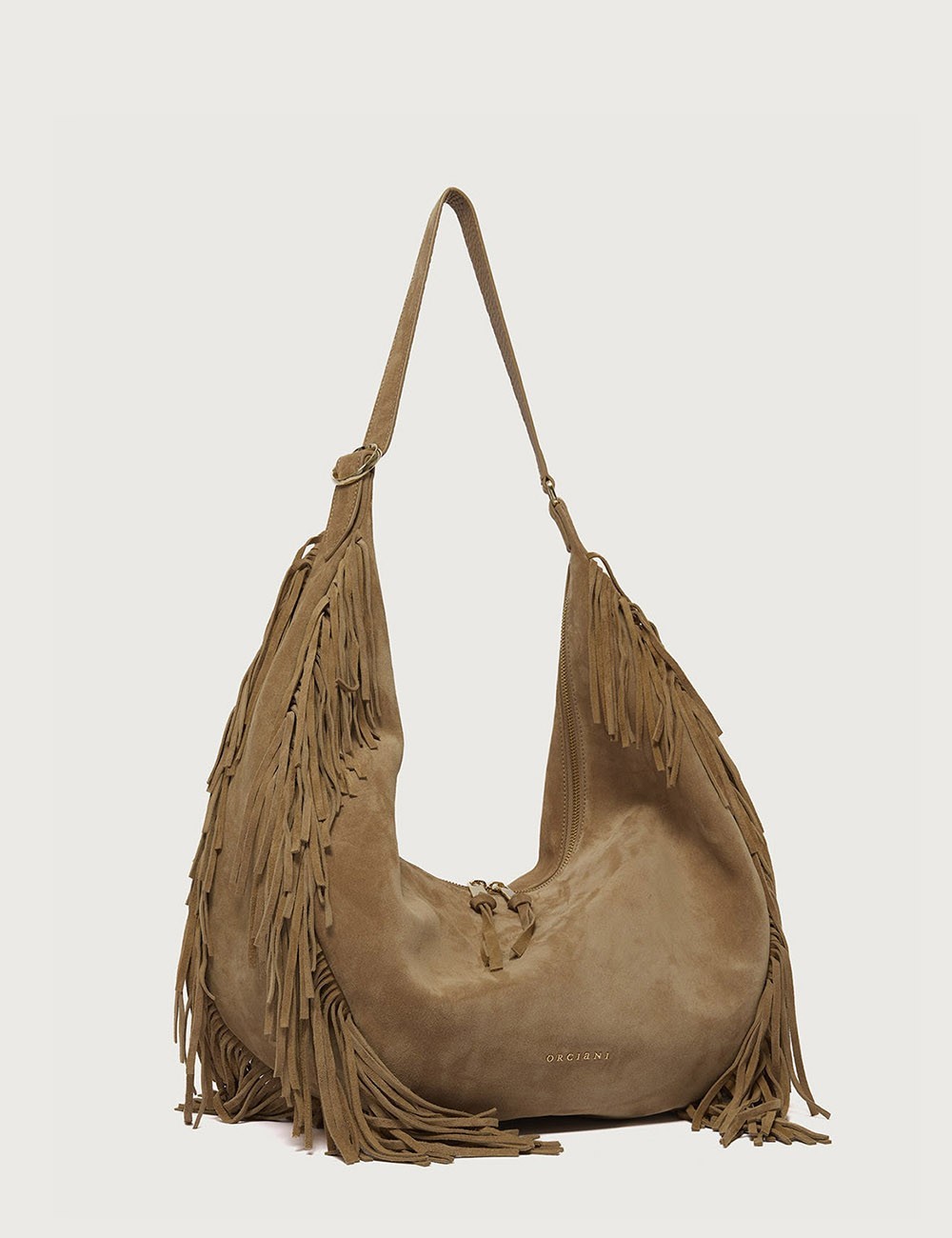 Borsa Isola Peach Fringe Small a spalla in suede biscotto