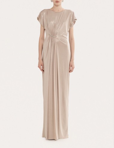 Ruched metallic stretch-jersey maxi dress nude